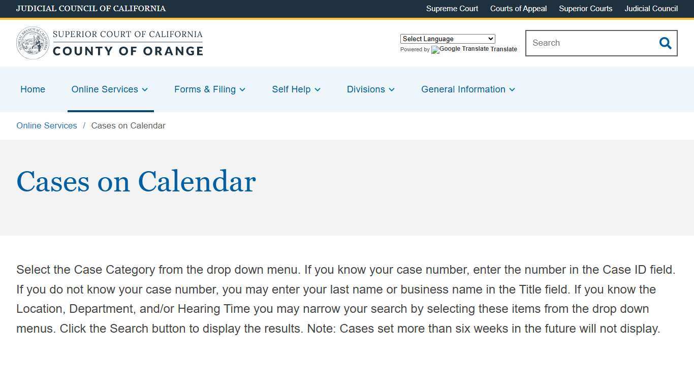 Cases on Calendar Superior Court of California County of Orange
